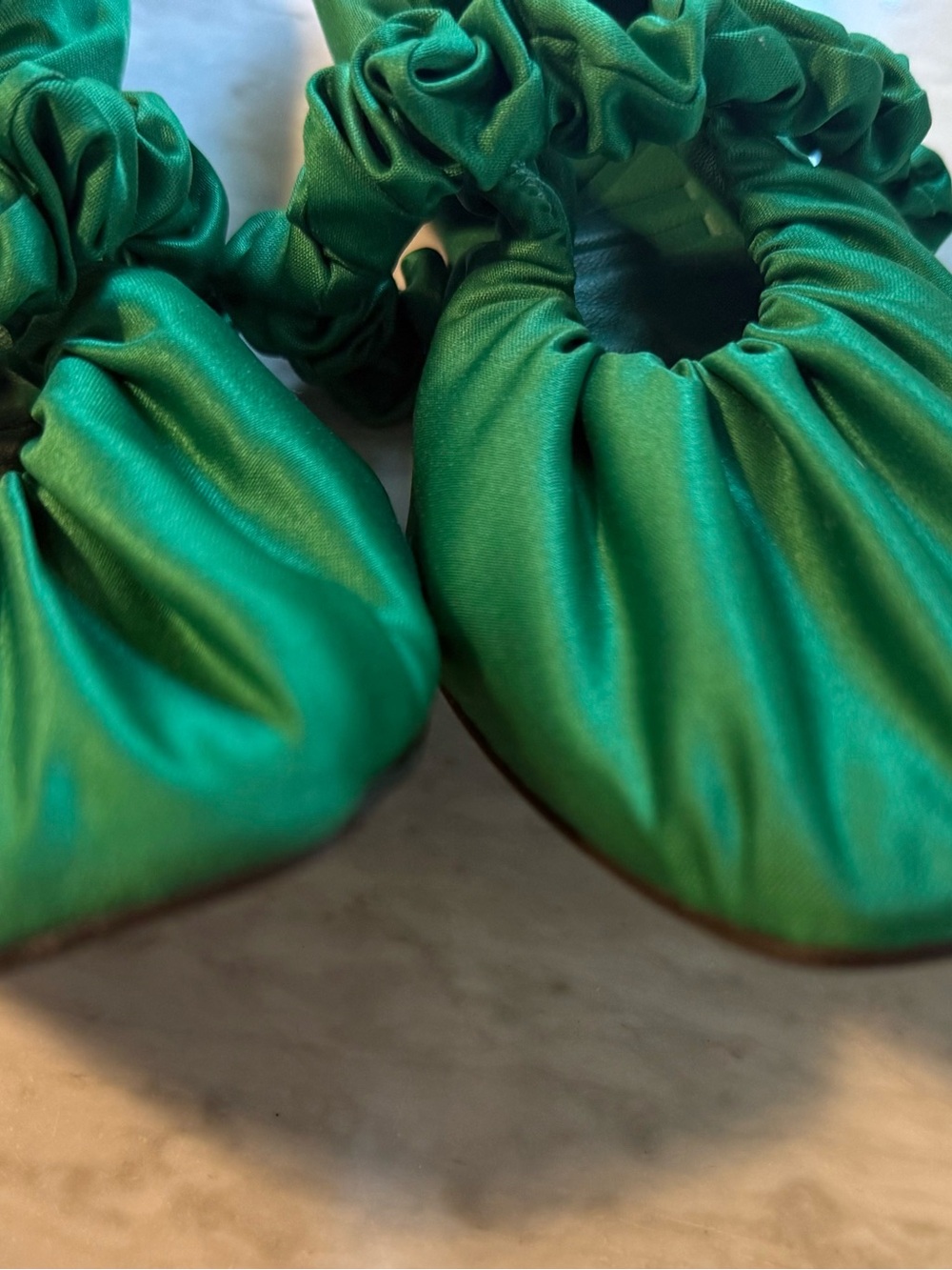 Ganni Emerald Green Satin Ruched Square Ballet Flats - Picture 4 of 4